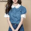 Women Summer Doll Collar Ruffled Stitching Patchwork Casual Blouse