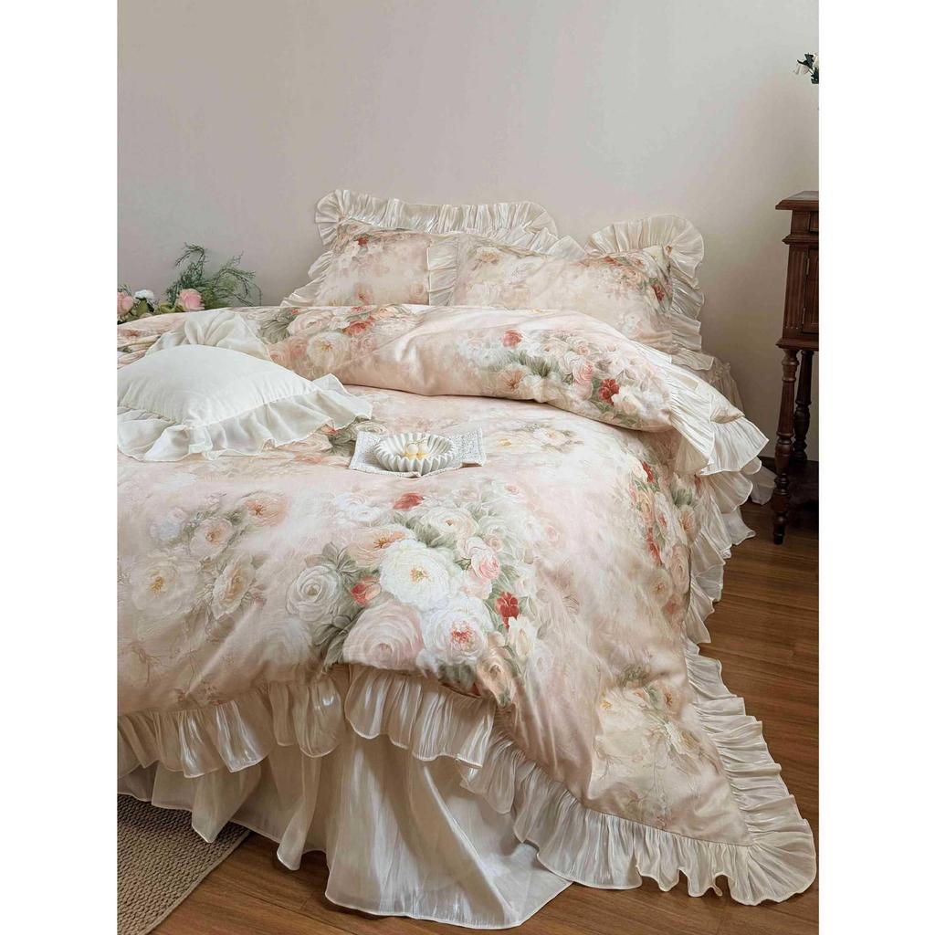 Princess Style Floral Lace Cotton Bedding Set: Includes French Rose Bed Skirt, Duvet Cover, and Sheet (4-Piece)