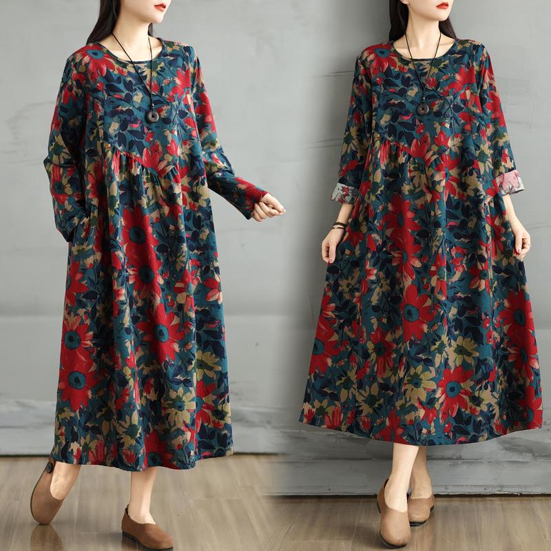 Dimanaf 2025 Women Spring Long Dress Oversize Floral New Long Sleeve Vintage Loose Casual Maxi Plus Size