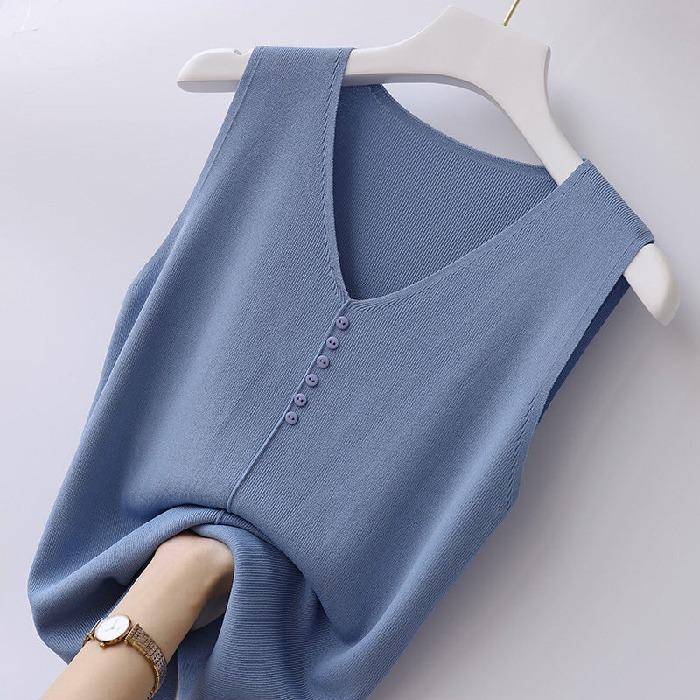 Spring and summer V-neck ice silk suspender vest women's outer wear knitted vest women's summer thin bottom sleeveless vest