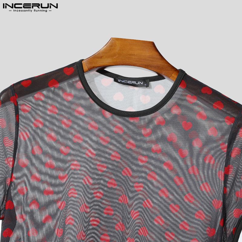 INCERUN Men Short Sleeve Mesh Sheer Print Party Club T-shirts Tee