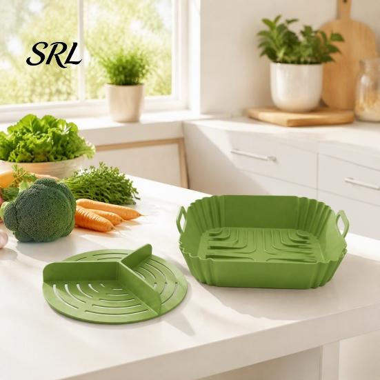 Kitchen Gadget for Air Fryer 2PCS Silicone Baking Pan with Handles, Square And Rectangular Versatile Accessory Oven Tray Set, Nonstick Liner Roasting