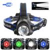 4 In 1 Adjustable Focus LED Headlight Red+Green+Blue+White Zoomable Fishing Front Head Flashlight Torch USB Red Warning Light