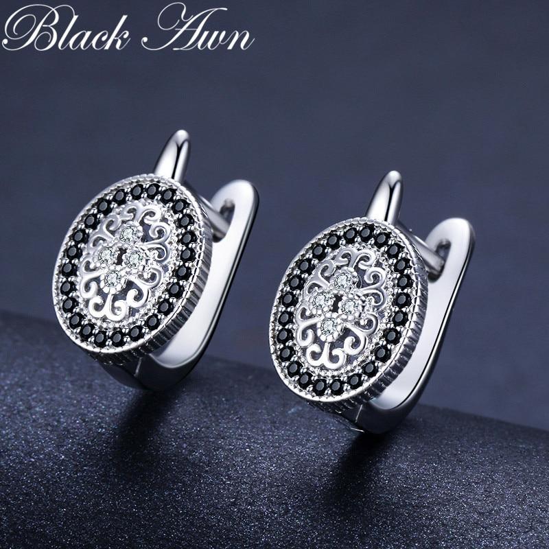 Black Awn Classic 925 Sterling Silver Round Black Trendy Spinel Engagement Hoop Earrings For Women Fine Jewelry Bijoux I149