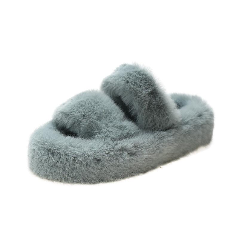 Thick Bottom Fluffy Women's Slippers Spring Autumn and Winter Large Size One Word Warm Indoor Fashion Versatile Flat Bottom Thickened Foreign Trade