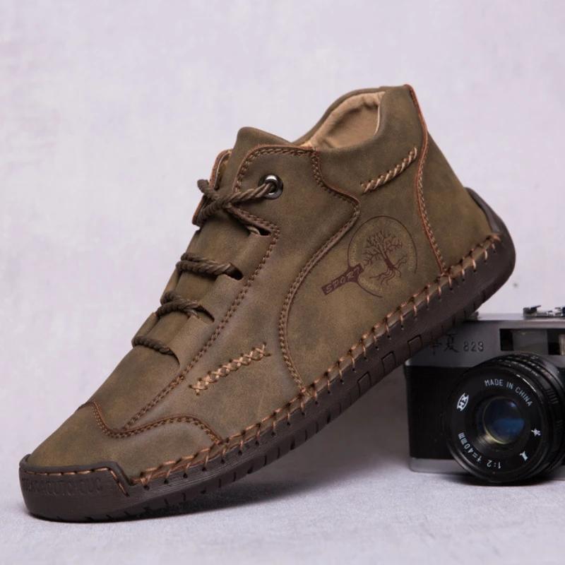 Ретро мужские ботинки, сшитые вручную кожаные повседневные туфли для мужчин, нескользящие ботинки для активного отдыха, модные качественные мужские мотоциклетные ботинки