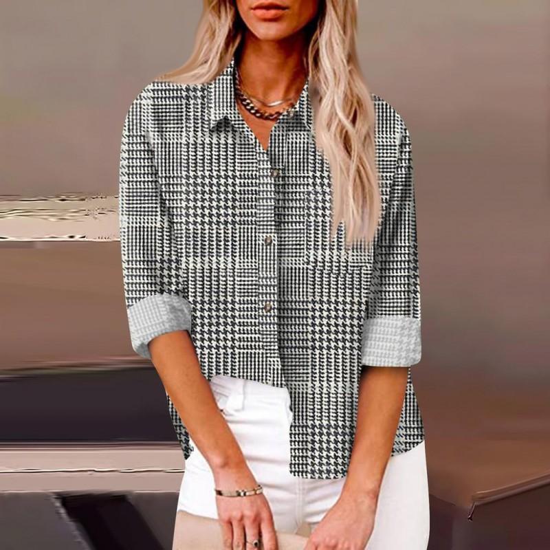 Womens Relaxed Fit Long Sleeve Shirt With 3D Digital Print Plaid Casual Cotton Linen Blouse