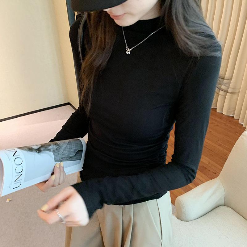 Полуводолазка с плиссированным дизайном, утягивающая талию, утягивающая рубашка для женщин, осень и зима, новая однотонная футболка с длинными рукавами