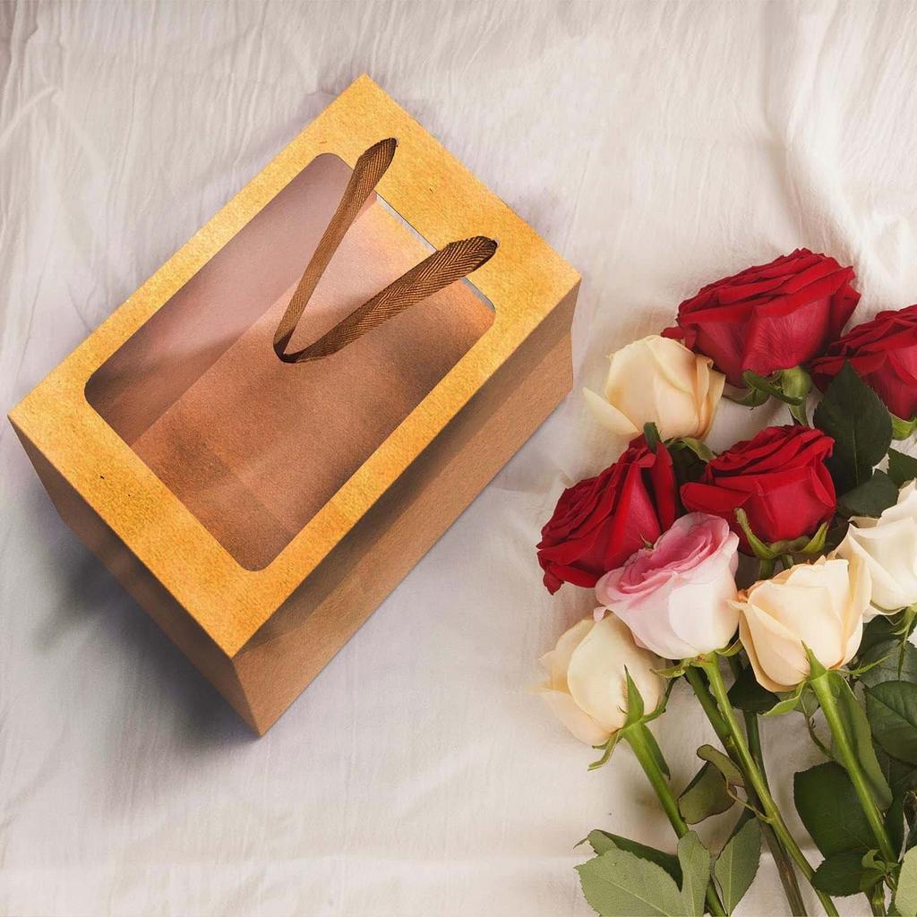 12 шт. подарочных пакетов из коричневой бумаги с прозрачным окошком 10x7x5 дюймов крафт-пакеты с ручками для подарков, фестивалей, вечеринок