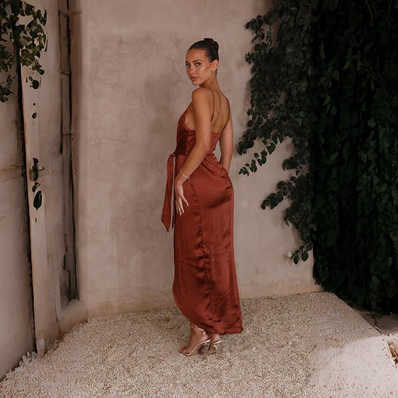 Женское однотонное платье длиной до щиколотки с открытой спиной и v-образным вырезом с высокой талией