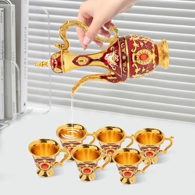 Винтажный металлический набор для турецкого кофе Турецкий чайный сервиз с 6 роскошными кофейными чашками + Поднос + Чайник Домашний декор Сплав цинка
