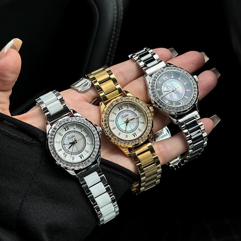 Ceramic Steel Belt Women'S Watch 9677 Diamond-Encrusted Fritillary Gold Watch