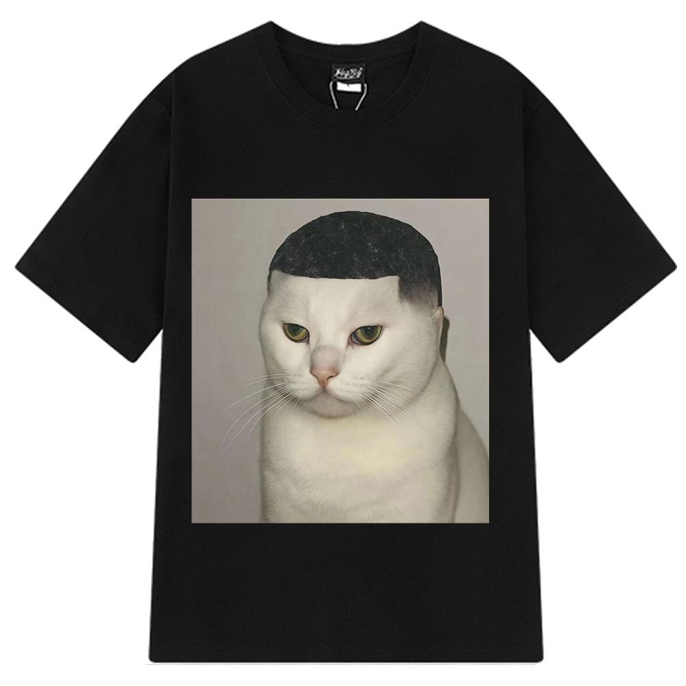 Hairstyle Cat Pattern Pure Cotton Printed Unisexs and Womens Clothing Personalized Round Neck Short Sleeved New Casual Tshirt