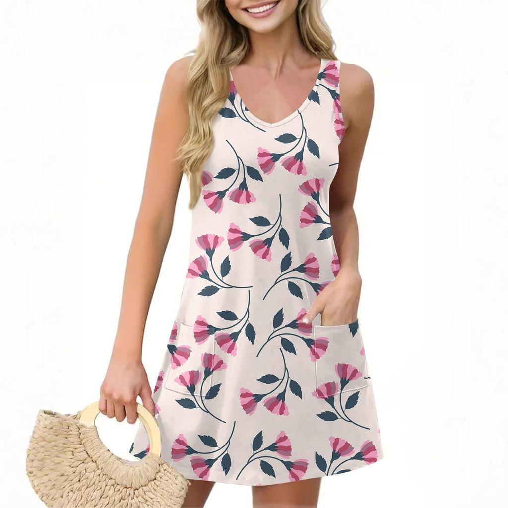 Women's Casual Summer Vest Dress With Pockets Floral Print V Neck Sleeveless Dress