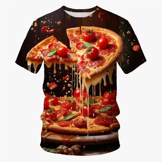 3D Printed Food Pizza T-shirt Men's Casual Summer Short Sleeved T-shirt Street Round Neck Versatile Top