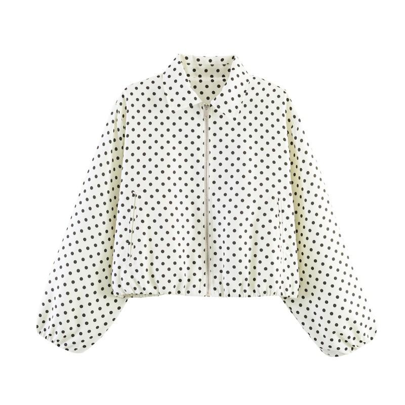 Womens 2026 Oversized Zip-Up Bomber Jacket With Puffy Hem Streetwear Loose Fit Coat In Solid Polka Dot