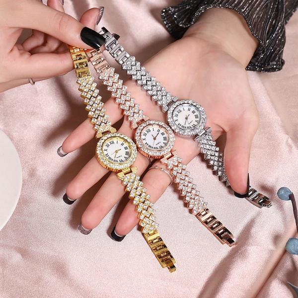 Luxury Diamond Jewelry&Watch Set For Women, Glittering Quartz Watch Bracelet Set, Crystal Necklace Earrings Ring Jewelry Festival Gifts