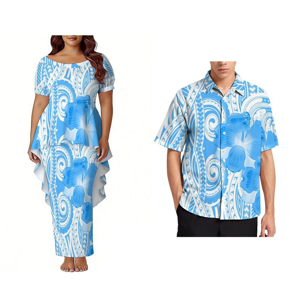 Custom Polynesian Bubble Short Sleeve Long Dress Lady Puletasi Dress Match Plus Size Men Stiff Neck Shirt Sets off Couples 2pcs