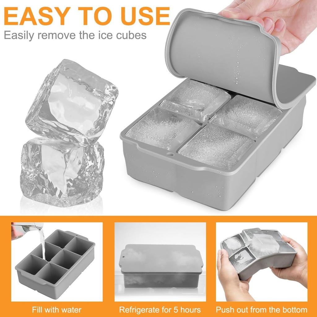 Large Cube Tray with Lid Stackable Silicone Square Ice Molds for Chilled Treats No BPA Ideal for Freezing Soups Snacks 1 Grey Square