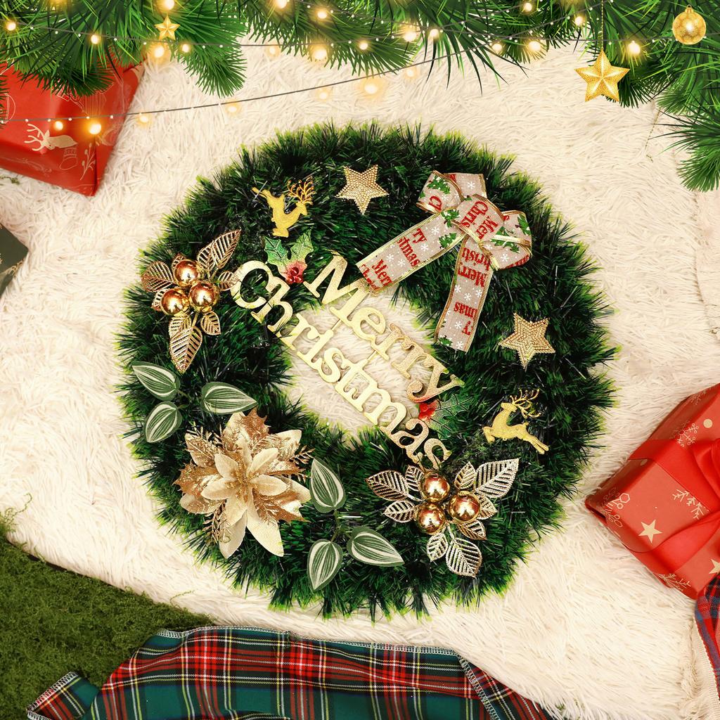 Christmas Wreath with Red Flowers and Bow for Holiday Home Decoration