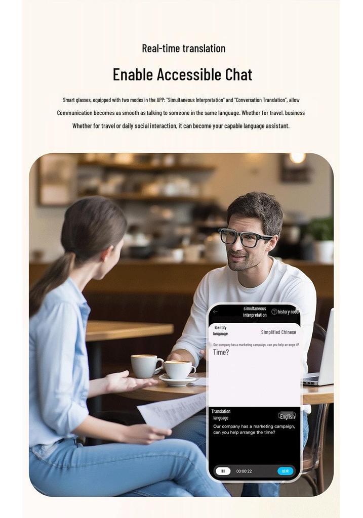 AI Smart Glasses: HD Bluetooth, Anti-Shake, Music & Video Recording, Multilingual Translation Assistant