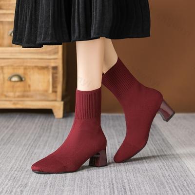 Женские эластичные ботинки 2025 Новые осенние вязаные ботильоны на высоком каблуке Женские модные ботинки большого размера с квадратным носком Женские ботинки Botas Mujer