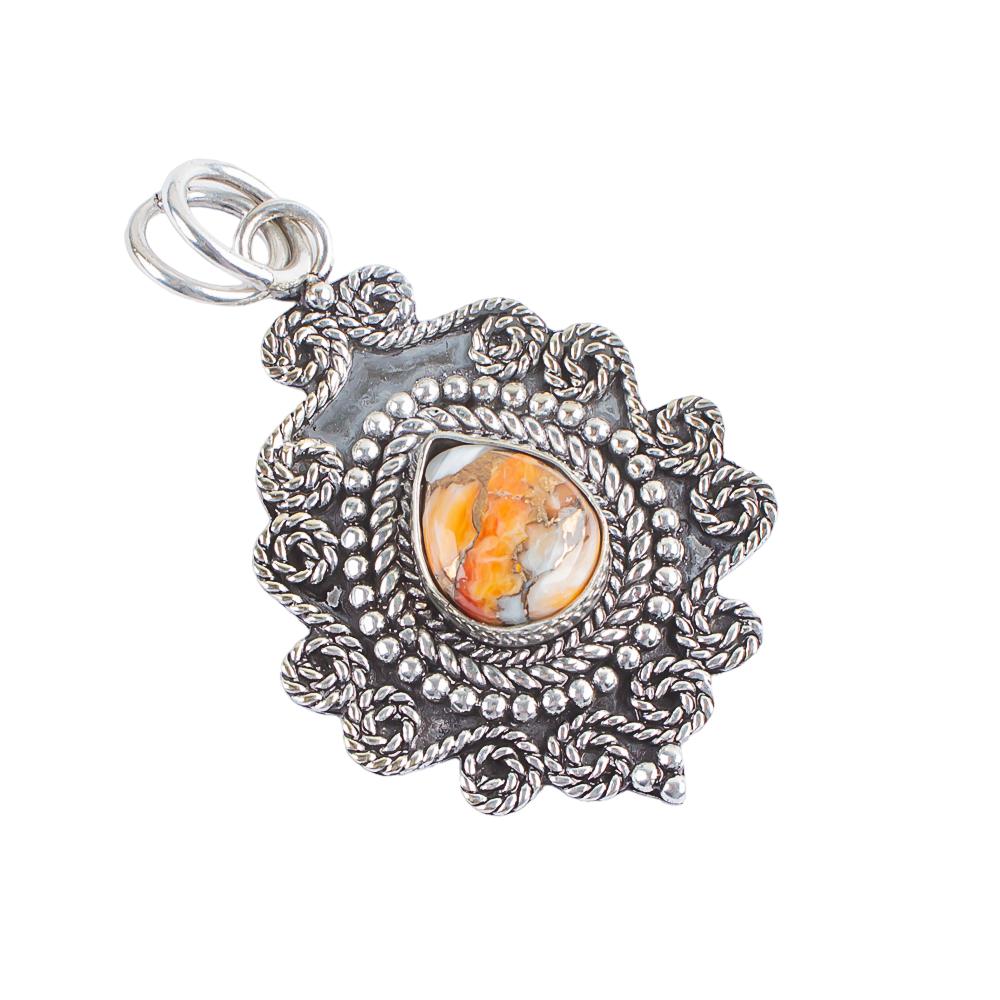 Natural Orange Spiny Copper Turquoise Gemstone 925 Sterling Silver Handmade Pendant 1.55", Necklace Jewelry PP-25-33