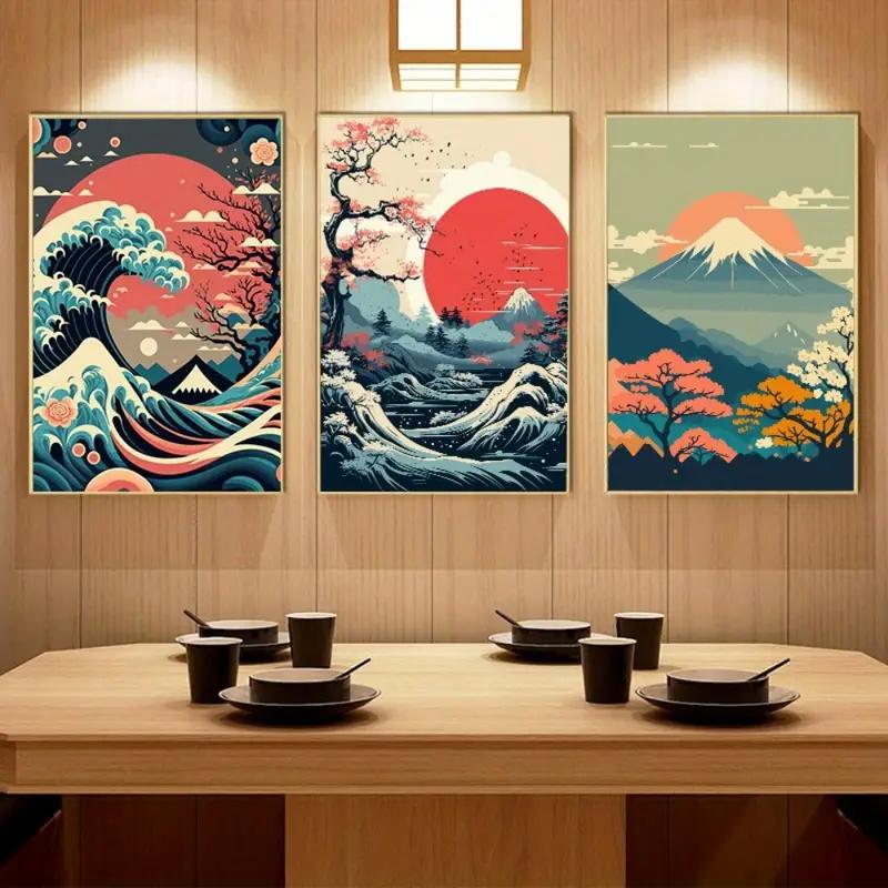 3pcs Canvas Poster Vintage Art Japanese Nature Landscape Wall Art Posters Ideal Gift for Bedroom Living Room Wall Corridor