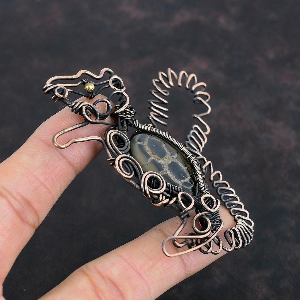 Moroccan Mud Crack Fossil Pendant Copper Wire Wrapped Pendant Rabbit Pendant Gemstone Handmade Pendant Antique Copper Jewelry Gifts For Her