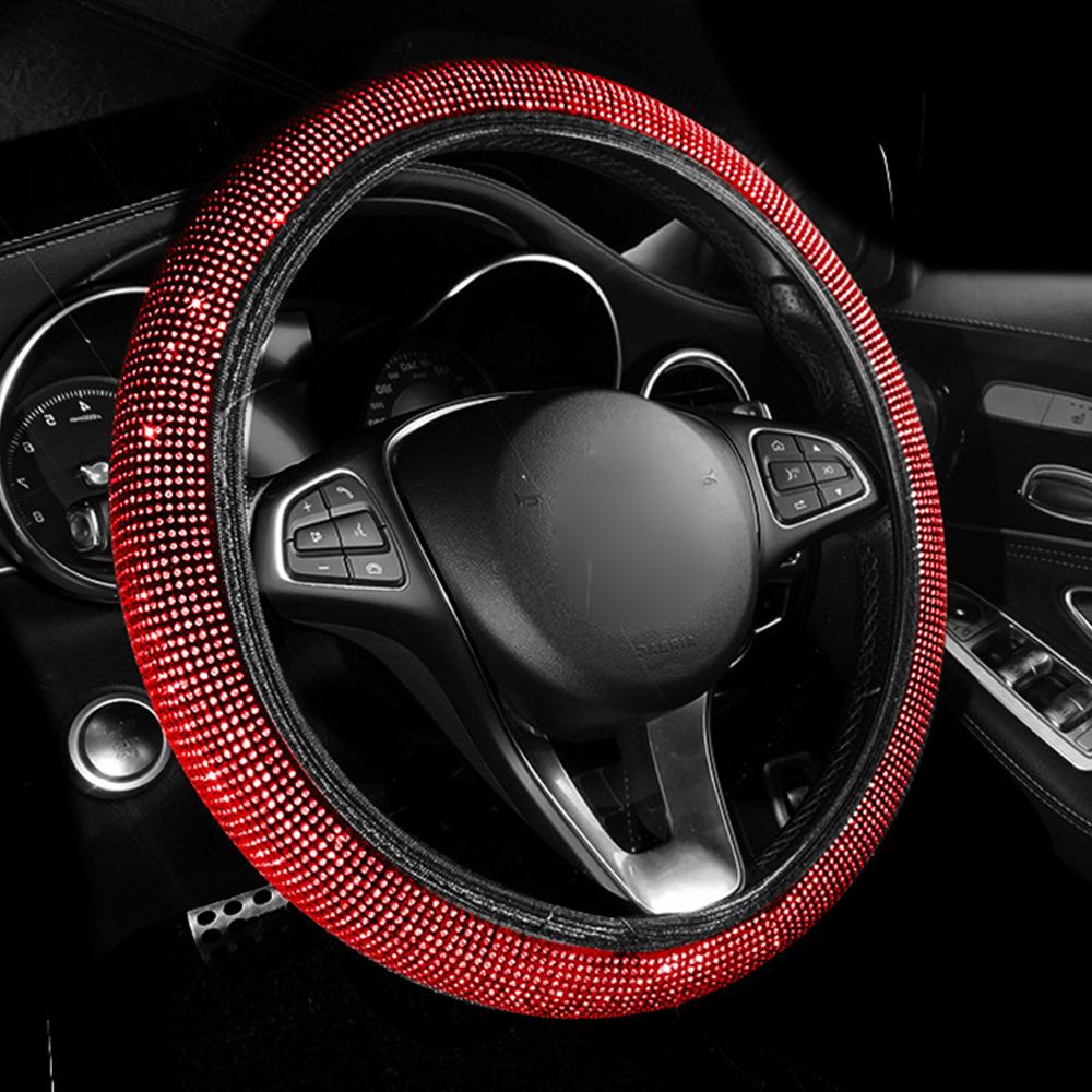 11-Piece Car Accessories Set Rhinestones Steering Wheel Cover Bling Gear Shifter Cover Handbrake Cover Seatbelt Cover Push-Button Starter Trim Rings