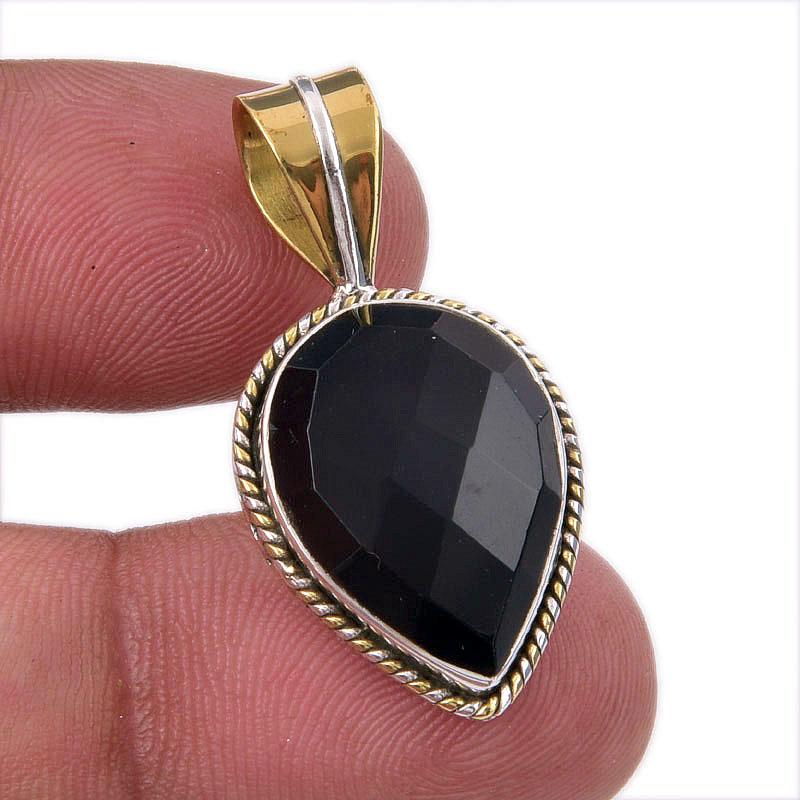 Natural Black Onyx Gemstone 925 Solid Sterling Silver TwoTone Pendant 1.50" u1F54