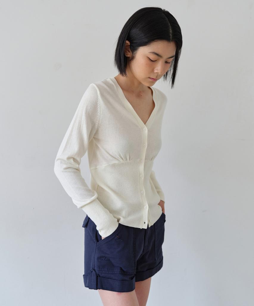 AHWE Silky V-Neck Shirred Cardigan_Ivory