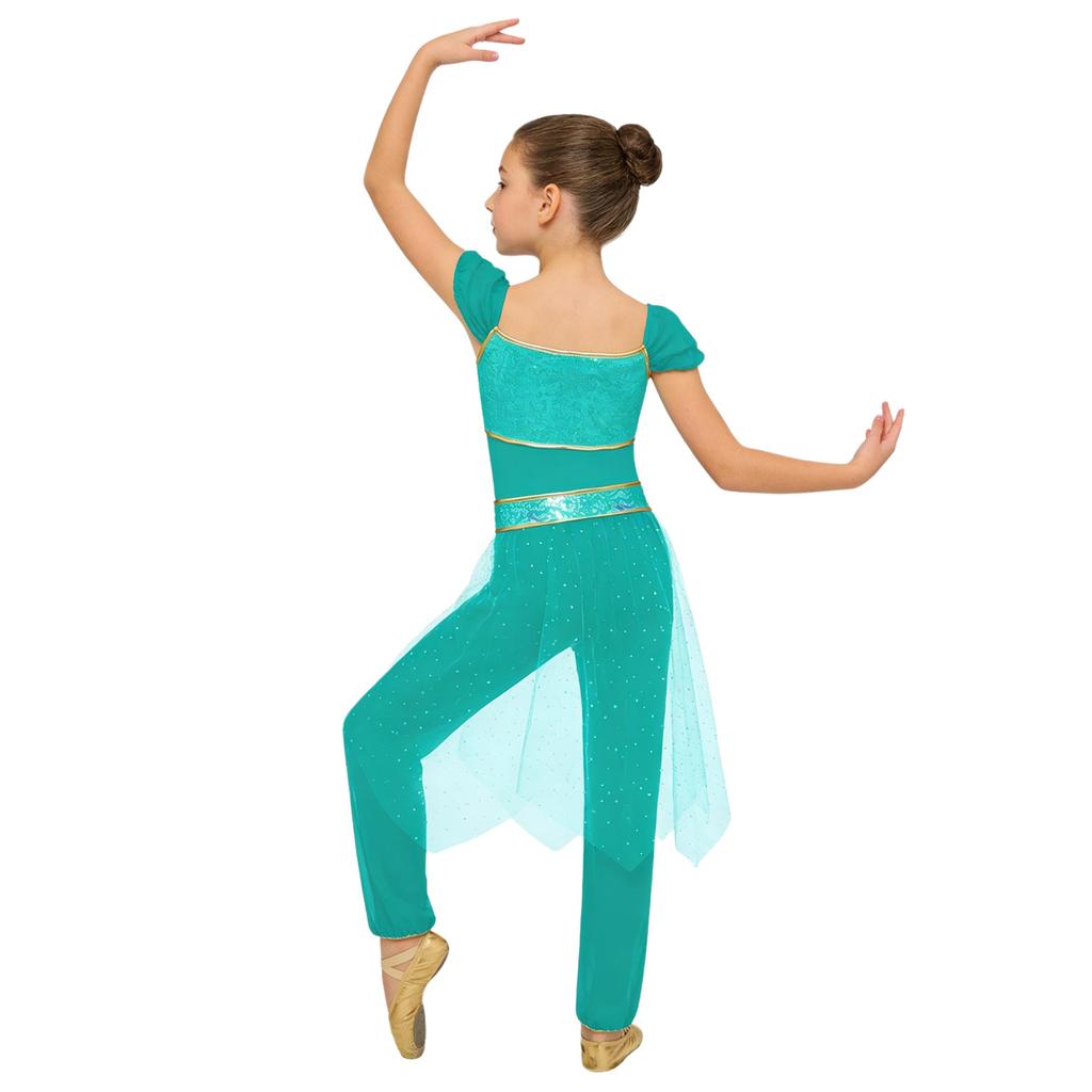 Костюм для восточных танцев для девочек Арабская принцесса Комбинезон-ромпер Сверкающая талия Тюлевая накидка Комбинезон Контрастный цвет Декор из страз