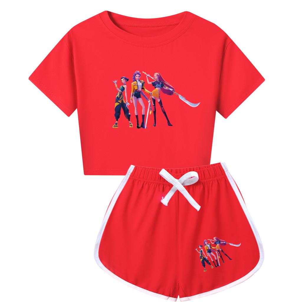 Kpop Demon Hunters Print Child Short Sleeve Shorts Pajama Set With Polyester Cotton Blend For Family Sleepwear