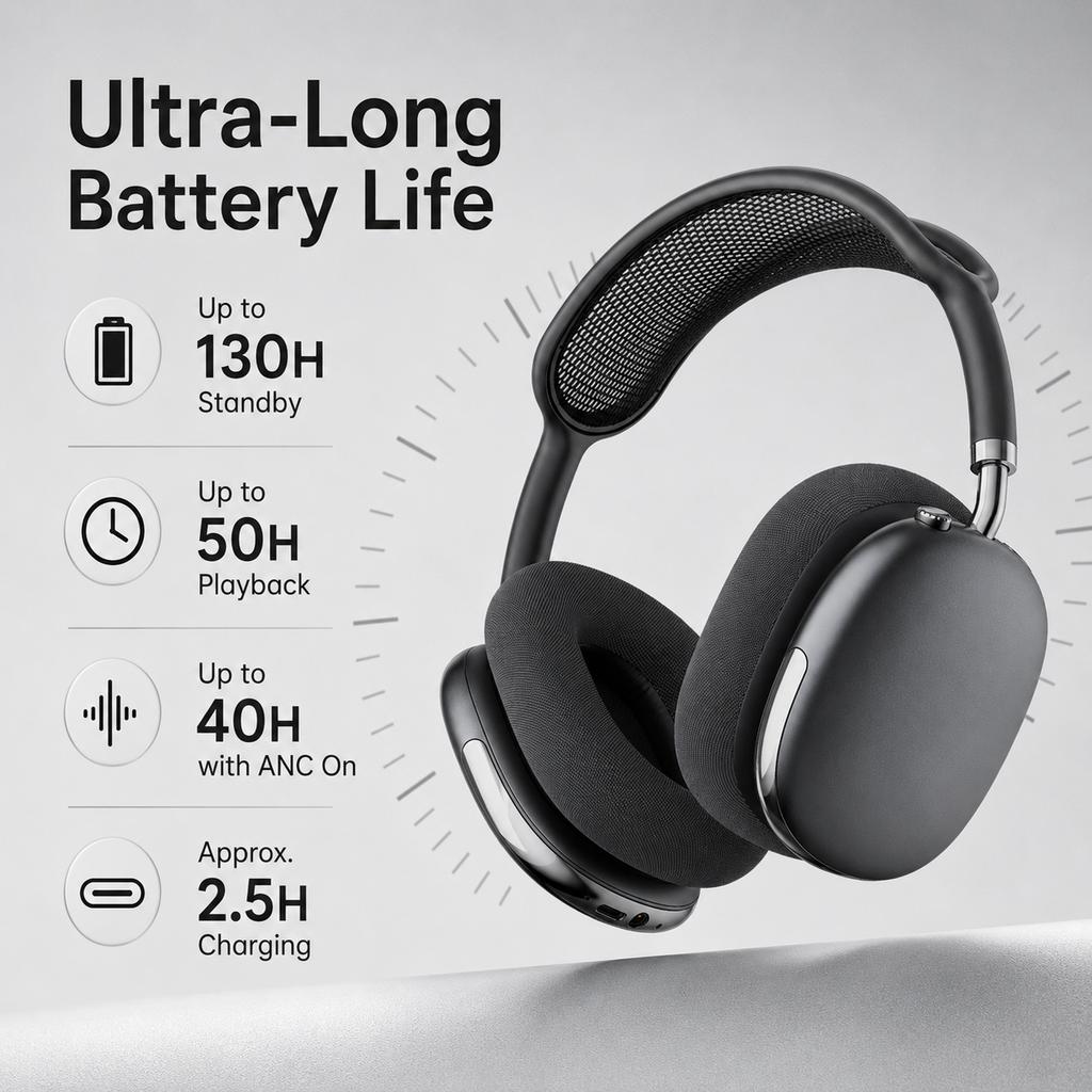 ANC Bluetooth Headphones Wireless Earphones Over Ear 43dB Noise Cancelling HiFi Stereo 50H Playtime Bluetooth 5.4 AUX Cable