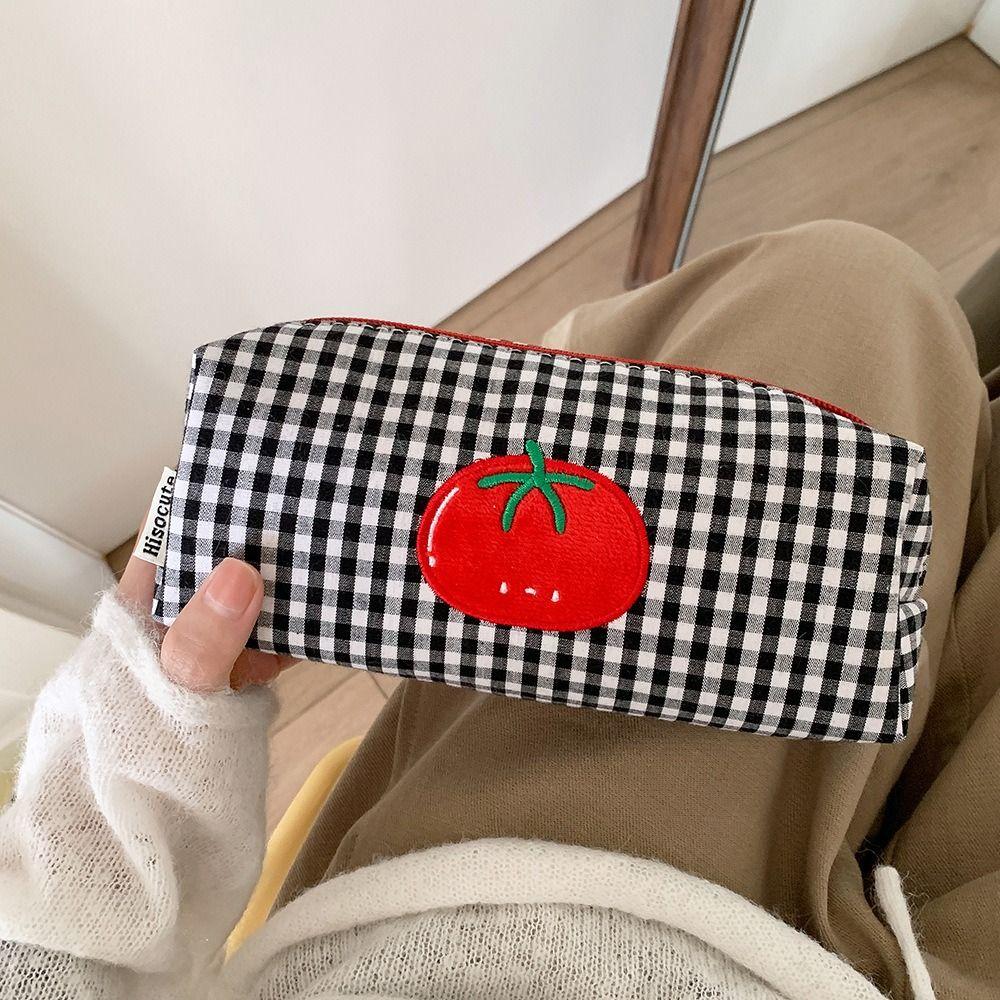 Tomato Gingham Makeup Bag Canvas Cosmetic Bag Cartoon Pencil Case Students