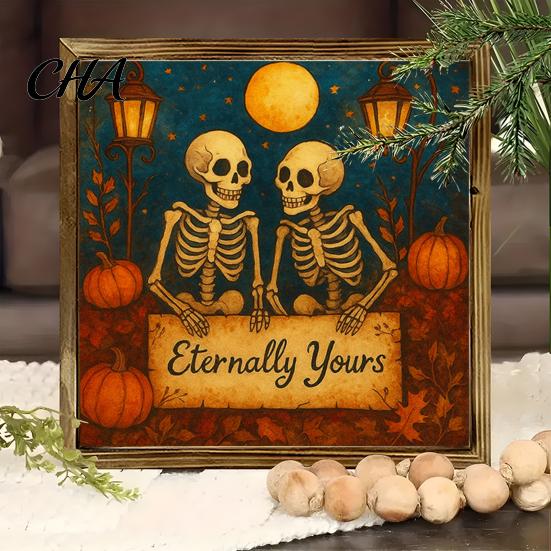 Spooky Fireplace Shelf Accents Halloween Ghost/Witch/Skeleton Decorative Painting, Wall Mount Square Wood Frame Wooden Decor Picture for Home Tabletop