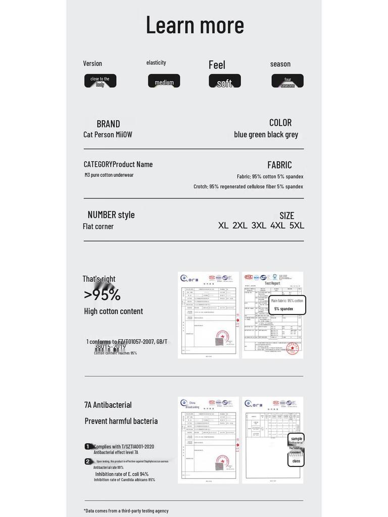 Mao Ren Men's Pure Cotton Anti-bacterial Boxer Briefs 4-Pack