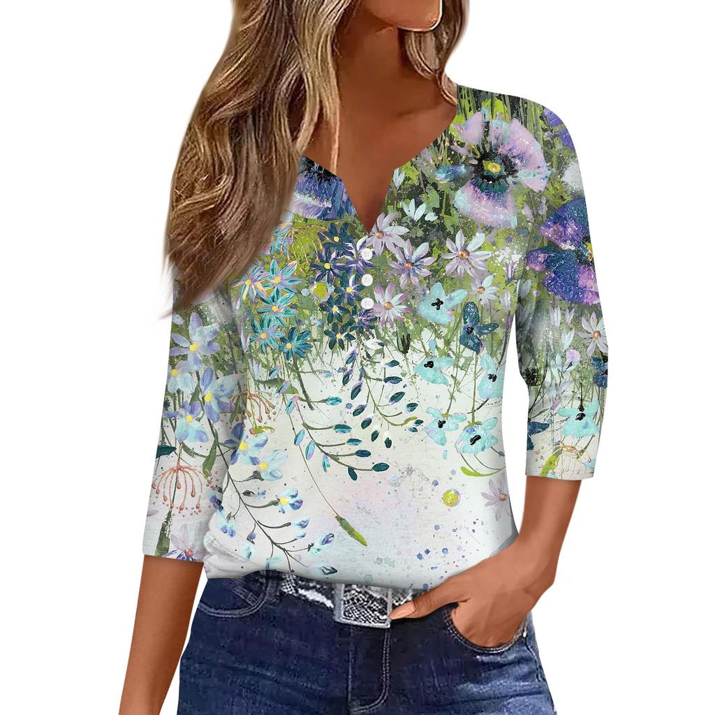 Жен. Футболка Футболка С принтом Пуговицы Рукав 3/4 Повседневные Выходные Мода Классический Классический V-образный вырез Обычный Верх