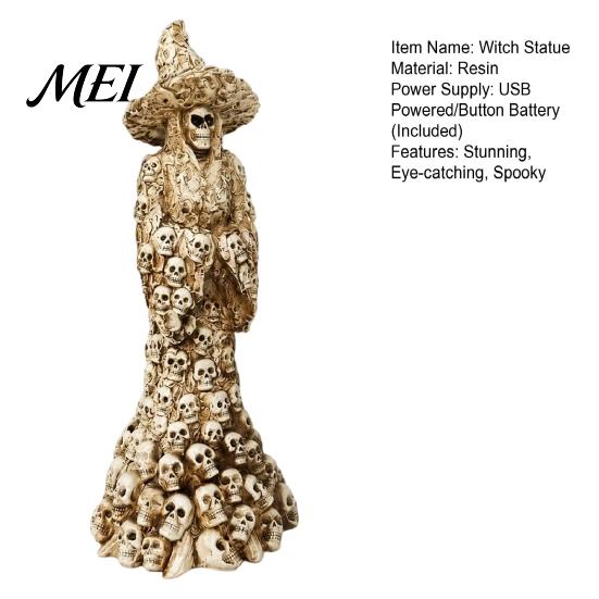 Small Desk Lamp for Dorm Skeleton Witch Resin Figurine, LED Light Up Gothic Statue, Spooky Bohemian Style Home Accents Dark Fantasy Ornament