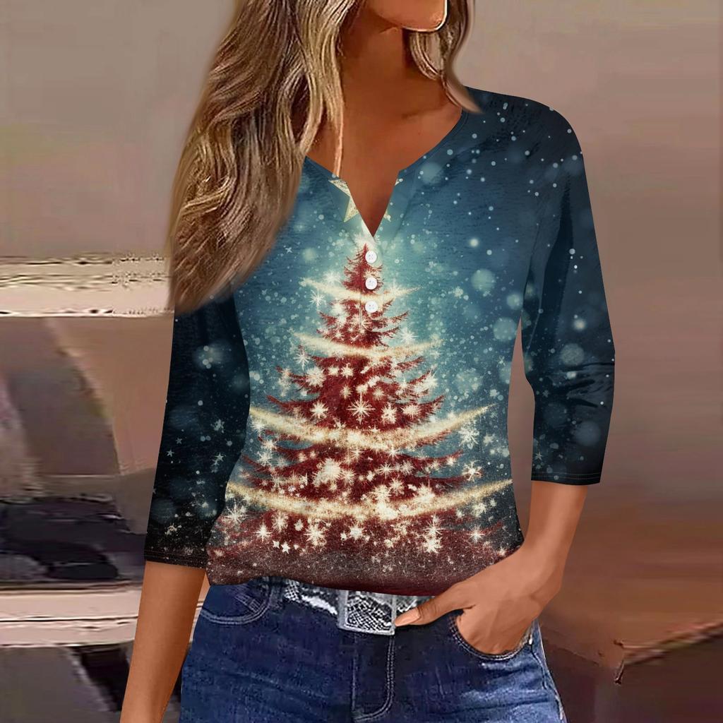 Жен. Футболка Футболка С принтом Пуговицы Рукав 3/4 Повседневные Выходные Мода Классический Классический V-образный вырез Обычный Верх