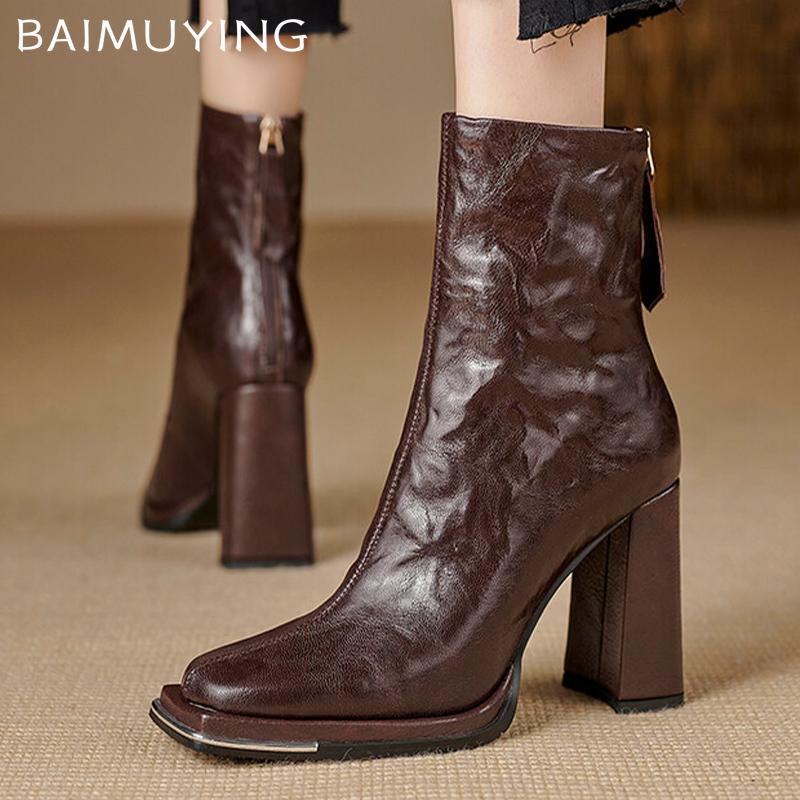 Женские зимние ботильоны на очень высоком каблуке с квадратным носком, сексуальные туфли из кожи, массивные модные ботинки 2024 года, зимние туфли-лодочки Botas Mujer