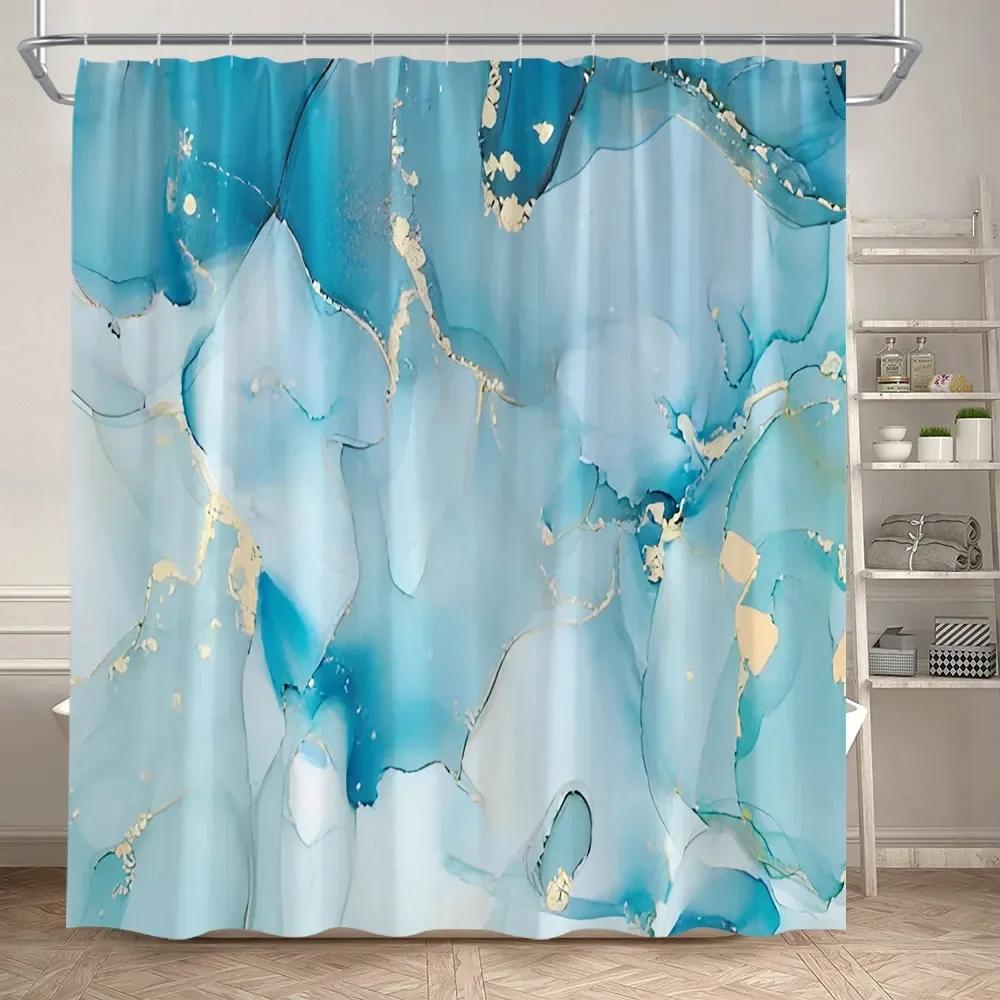 Абстрактный розовый мраморный набор штор для душа Золотистый текстурированный Современный геометрический Искусство чернилами Декор для ванной комнаты Коврик для двери Коврик для ванной Крышка для унитаза