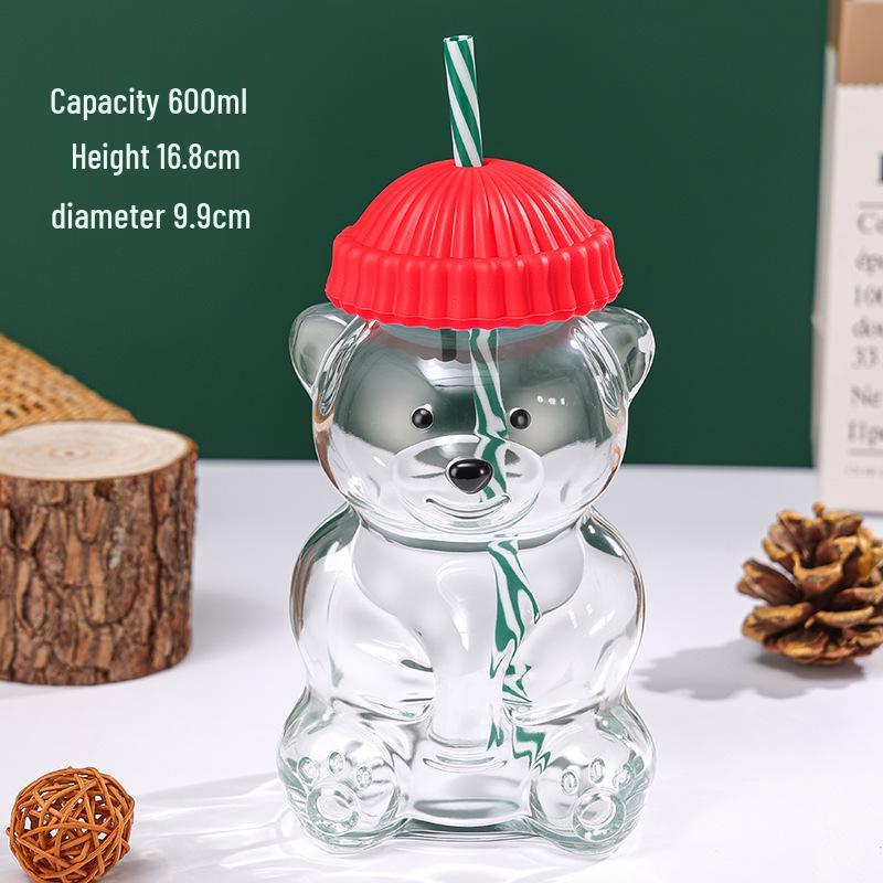 Cartoon Bear Glass Cup with Straw | Creative Teddy Bear Design