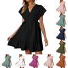 Womens Summer Dresses Short Sleeve V Neck Drawstring Casual Ruffle A-Line Swing Dress