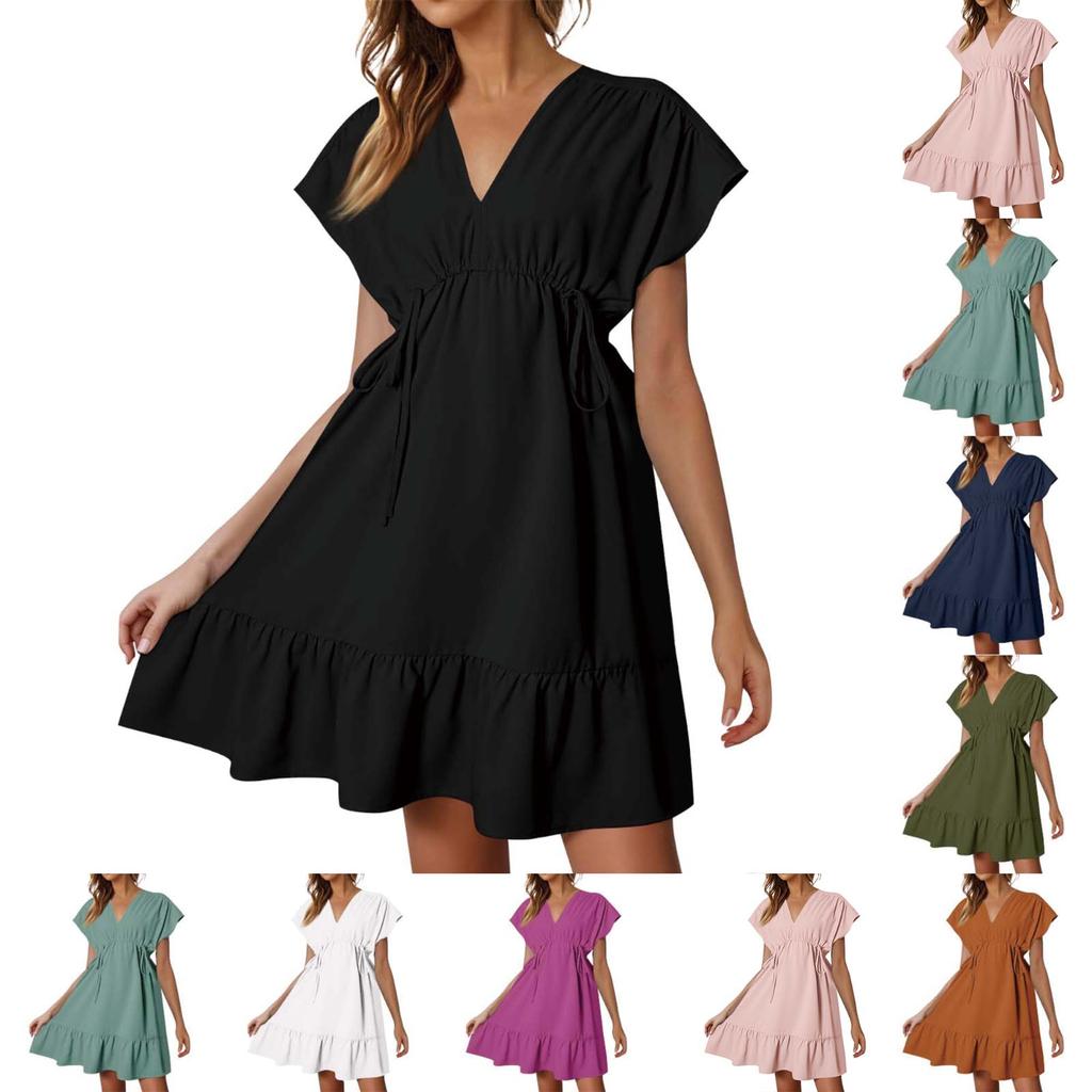 Womens Summer Dresses Short Sleeve V Neck Drawstring Casual Ruffle A-Line Swing Dress