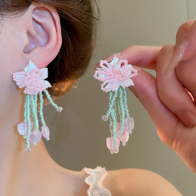 Серебряная игла шифоновый цветок бахрома гвоздики сладкие серьги в стиле Мори дофаминовые серьги нишевый тренд универсальные серьги модные женские