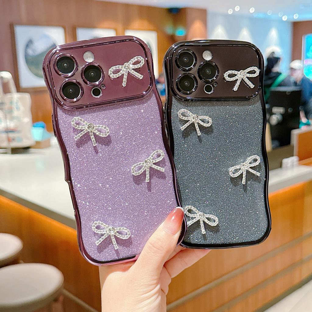 For iPhone 16 Pro Case Electroplated Wavy Frame Glitter TPU Phone Cover with Rhinestone Bow Decor