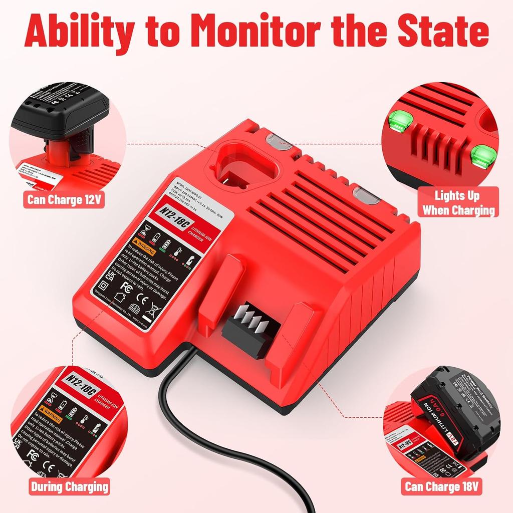 Многовольтное быстрое зарядное устройство для аккумуляторов - Замена для литий-ионных аккумуляторов электроинструментов Milwaukee 12 В 18 В 48-11-2412 48-11-2401 48-11-2440 48-11-1862