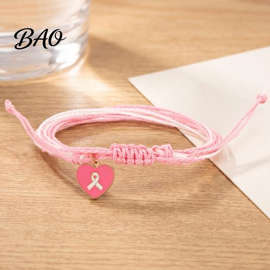 Soft Multi Strand Rope Bracelet Breast Cancer Awareness for Women, Adjustable Woven String with Heart Butterfly Alloy Pendants Ribbon Charm, Handmade
